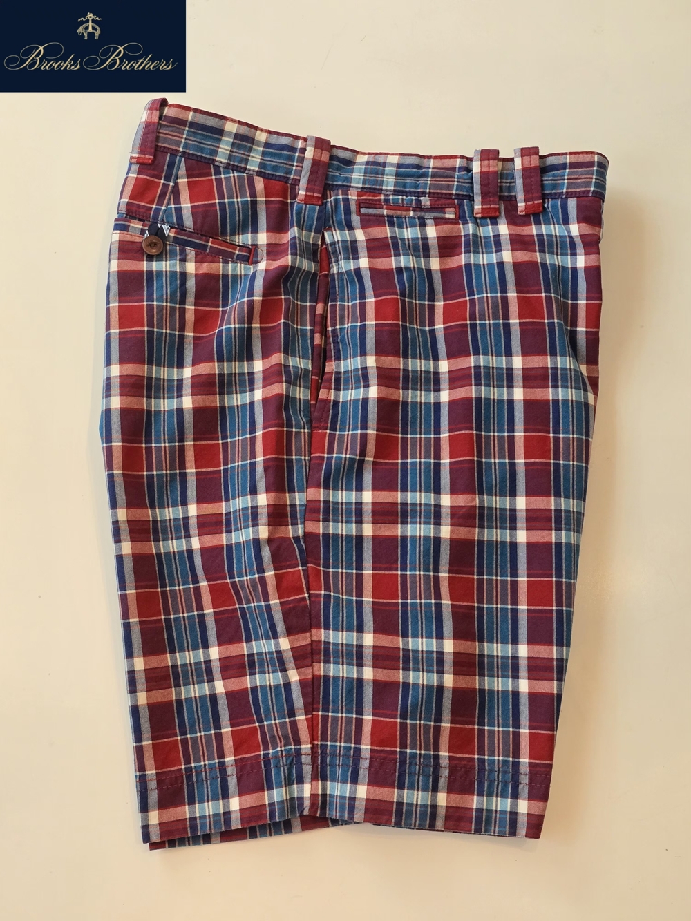 Brooks Brothers Men's Size 36 Red, Blue & White Plaid Flat-Front Shorts